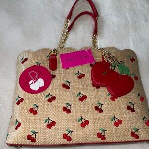 NWT Betsy Johnson Cherry Tote Bag Viral Novelty Handbag Purse Rattan Heart Large